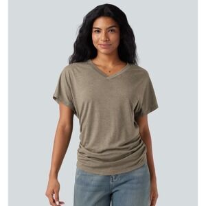 Halara Women XL V-Neck Ruched Side Short Sleeve Tee Taupe Brown Heathered Shirt